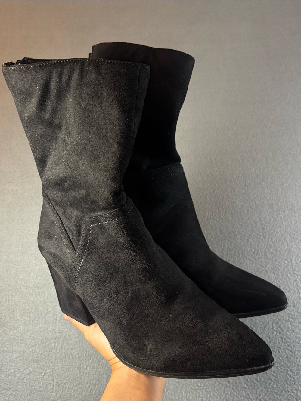 Glaze Black suede ankle boots with a 3" heel, size US 8.5